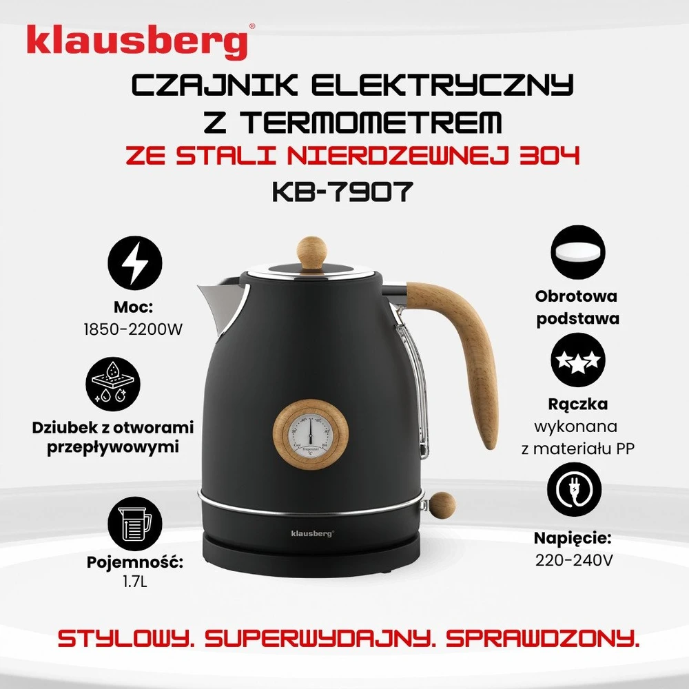 Virdulys, Elektrinis virdulys su termometru, nerūdijančio plieno, juodas su mediena, 1,7 l, 1850–2200 W, klausberg, kb-7907