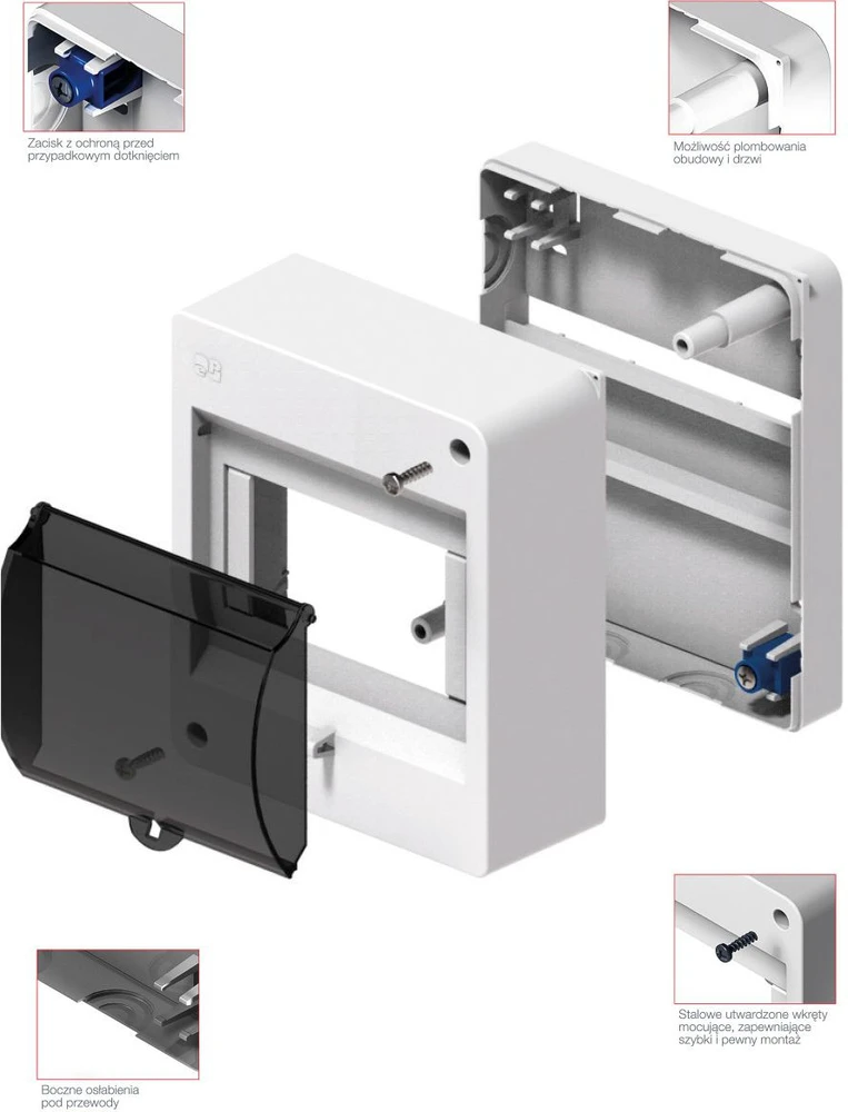 Elektro Plast Nasielsk 2304-11 Moduliniai skirstomieji įrenginiai 1x4 paviršinis IP30 MINI S-4 su dūmų gaubtu (N+PE) 2304-11