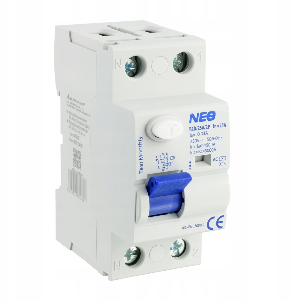 Elektro Plast 87.822 NEO 25A 30mA 2 polių diferencialinis automatinis jungiklis, AC tipo, RCD/25A/2P