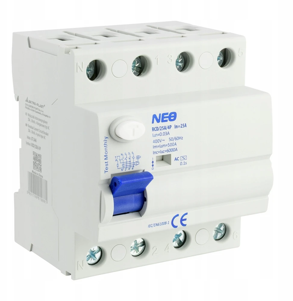 Elektro Plast 87.846 NEO 25A 30mA 4 polių diferencialinis automatinis jungiklis, AC tipo, RCD/25A/4P