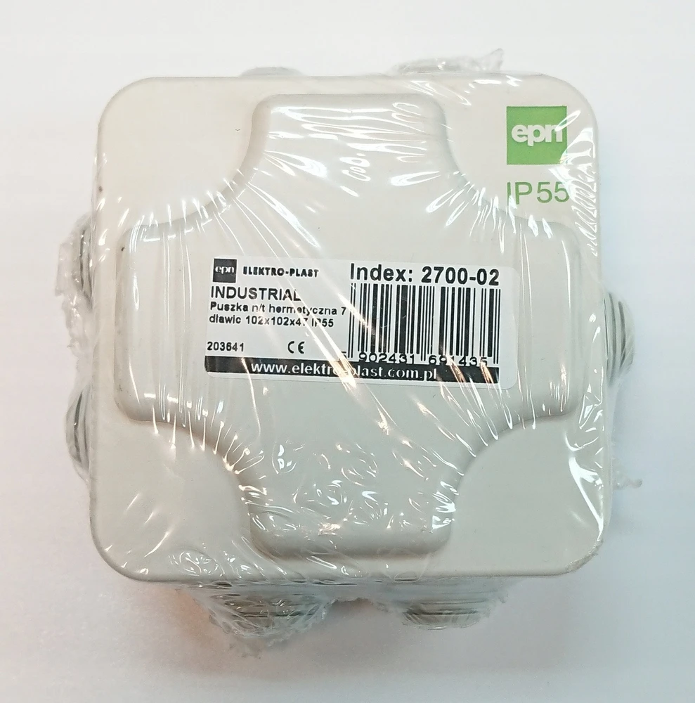 Elektro Plast Nasielsk 2700-02 INDUSTRIAL Hermetiška dėžutė n/t 102x102x47 su 7 riebokšliais IP55 rutulys su padidintu atsparumu UV 2700-02