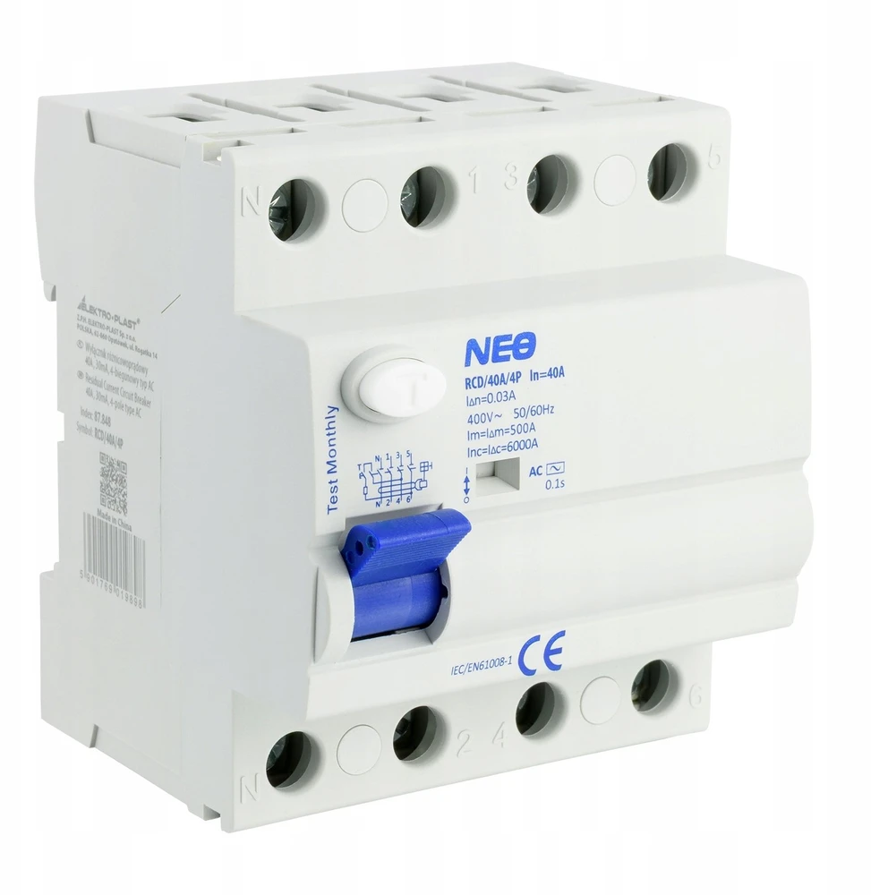 Elektro Plast 87.848 NEO 40A 30mA 4 polių nuotėkio srovės jungiklis, AC tipo, RCD/40A/4P