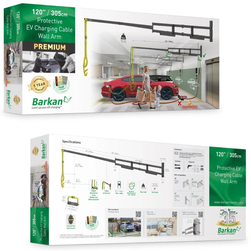 Elektromobilio įkrovimo kabelio sieninis laikiklis Barkan EV300WM, 305 cm