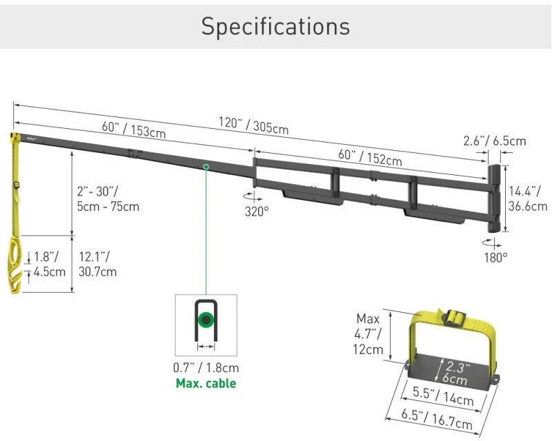 Elektromobilio įkrovimo kabelio sieninis laikiklis Barkan EV300WM, 305 cm