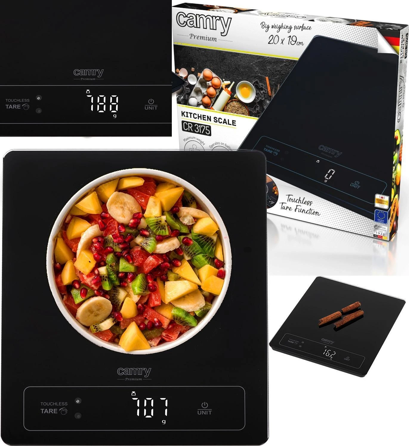 Virtuvinės svarstyklės Camry | Virtuvės svarstyklės | CR 3175 | Didžiausias svoris (talpa) 15 kg | Graduacija 1 g | Ekrano tipo LED | Juodas