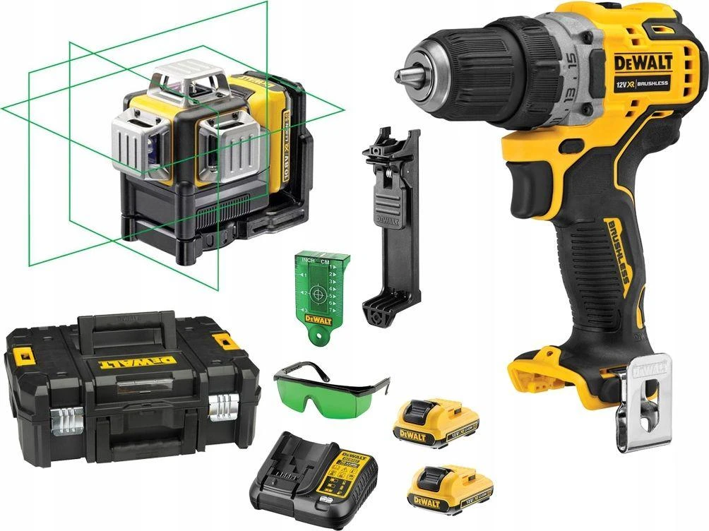 DeWalt 12V įrankių komplektas su lazeriniu nivelyru ir suktuvu
