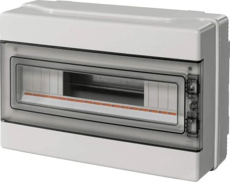 Elettrocanali EC62018E Modulinis skirstomasis skydas 1x18 n/t, be halogenų, transp. durys, IP65, N+PE bėgis, pilka 1000V AC 1500V DC PV UV 290x390x140, EC62018E.