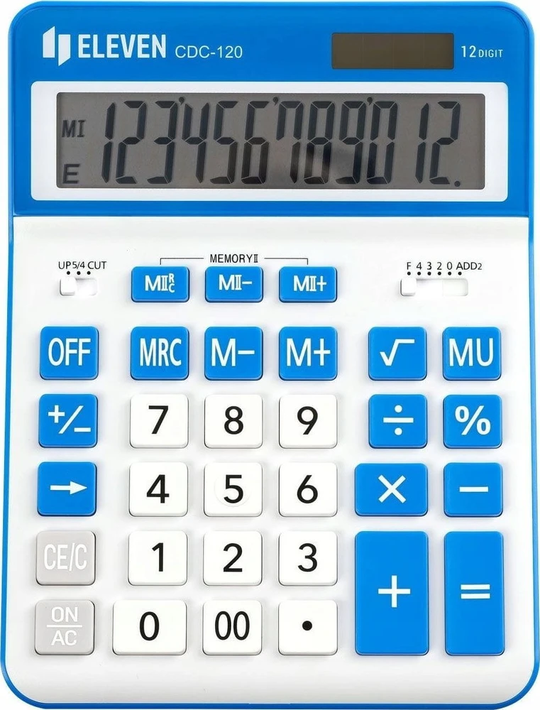 Eleven ELEVEN Calculator Baltas biuro skaičiuotuvas CDC120WHNV balti ir mėlyni klavišai ir mėlynas rėmelis aplink ekraną