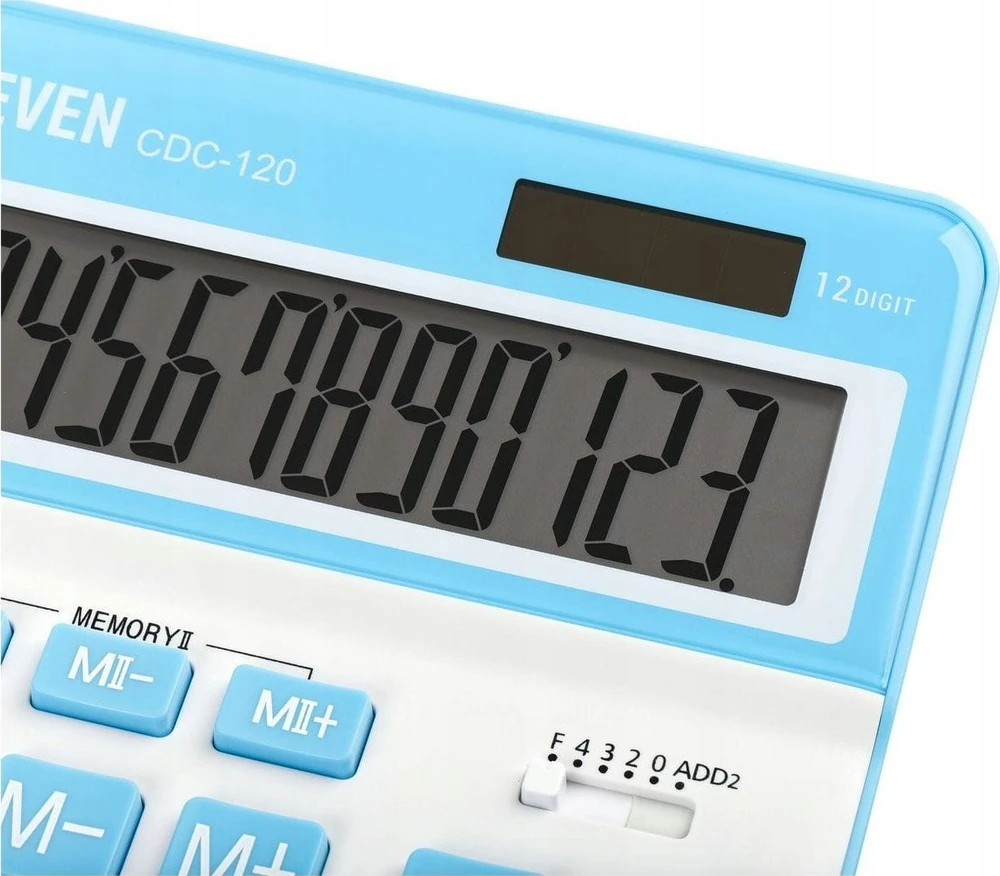 Eleven ELEVEN Calculator Baltas biuro skaičiuotuvas CDC120WHCY balti ir šviesiai mėlyni klavišai ir šviesiai mėlynas rėmelis aplink ekraną