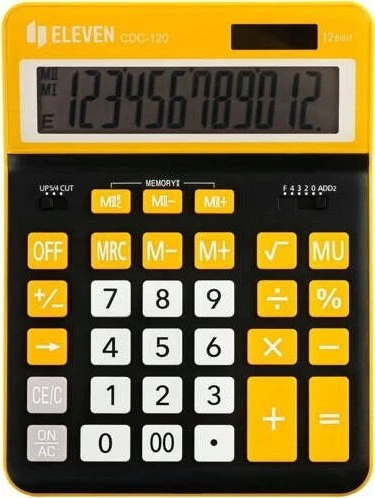 Eleven ELEVEN Calculator Juodas biuro skaičiuotuvas CDC120BKOR balti ir oranžiniai klavišai ir oranžinis rėmelis aplink ekraną