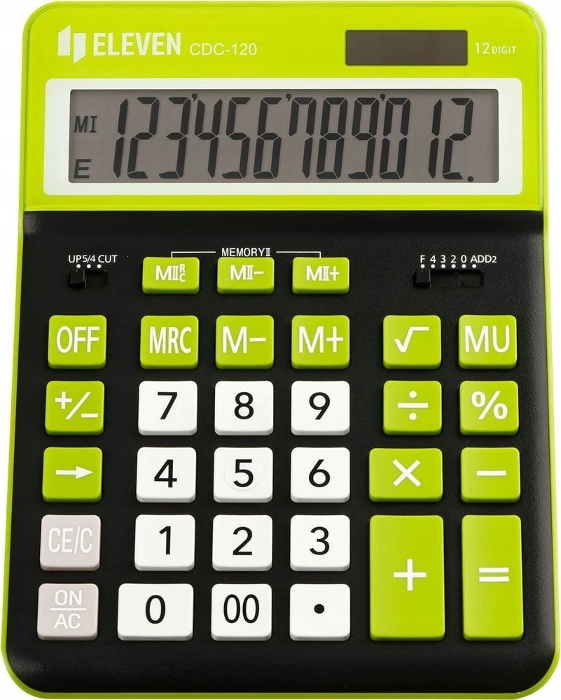 Eleven ELEVEN Calculator Juodas biuro skaičiuotuvas CDC120BKGN balti ir žali klavišai ir žalias rėmelis aplink ekraną