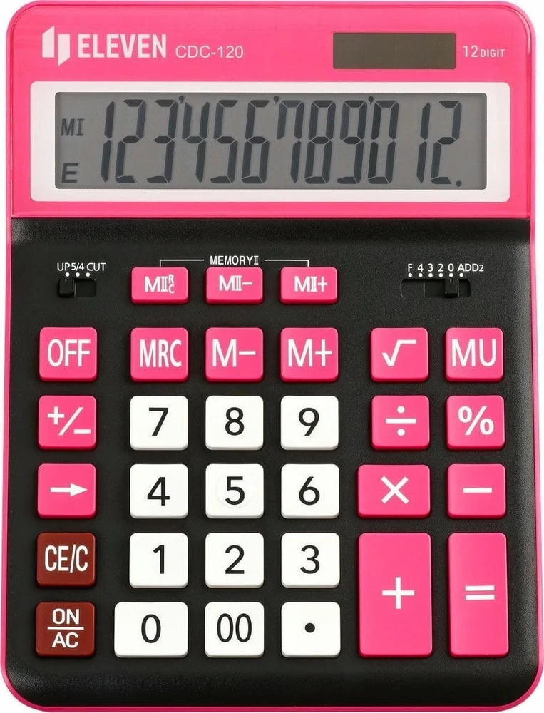 Eleven ELEVEN Calculator Juodas biuro skaičiuotuvas CDC120BKRD balti ir rožiniai klavišai ir rožinis rėmelis aplink ekraną
