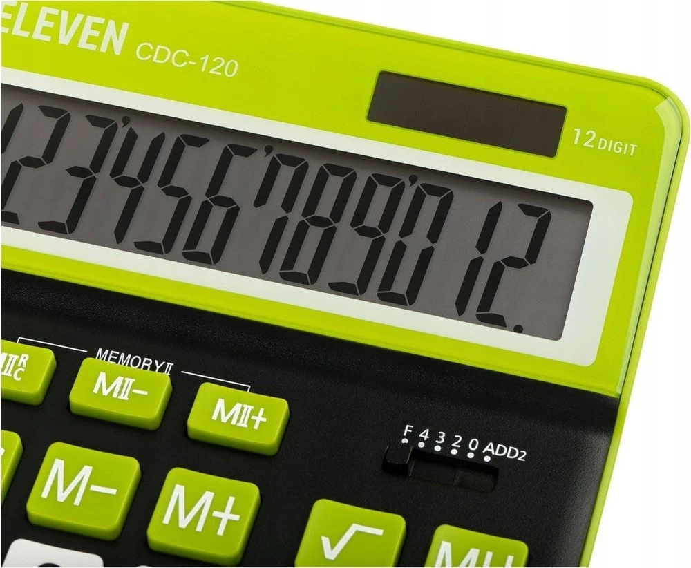 Eleven ELEVEN Calculator Juodas biuro skaičiuotuvas CDC120BKGN balti ir žali klavišai ir žalias rėmelis aplink ekraną