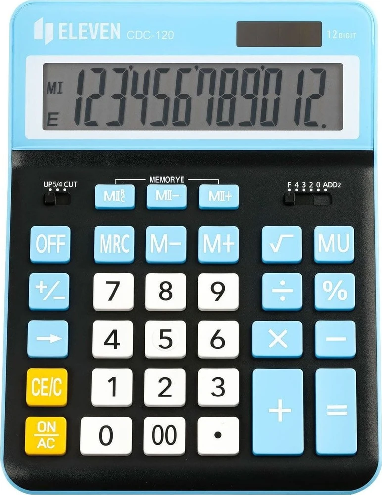 Eleven ELEVEN Calculator Juodas biuro skaičiuotuvas CDC120BKCY balti ir šviesiai mėlyni klavišai ir šviesiai mėlynas rėmelis aplink ekraną