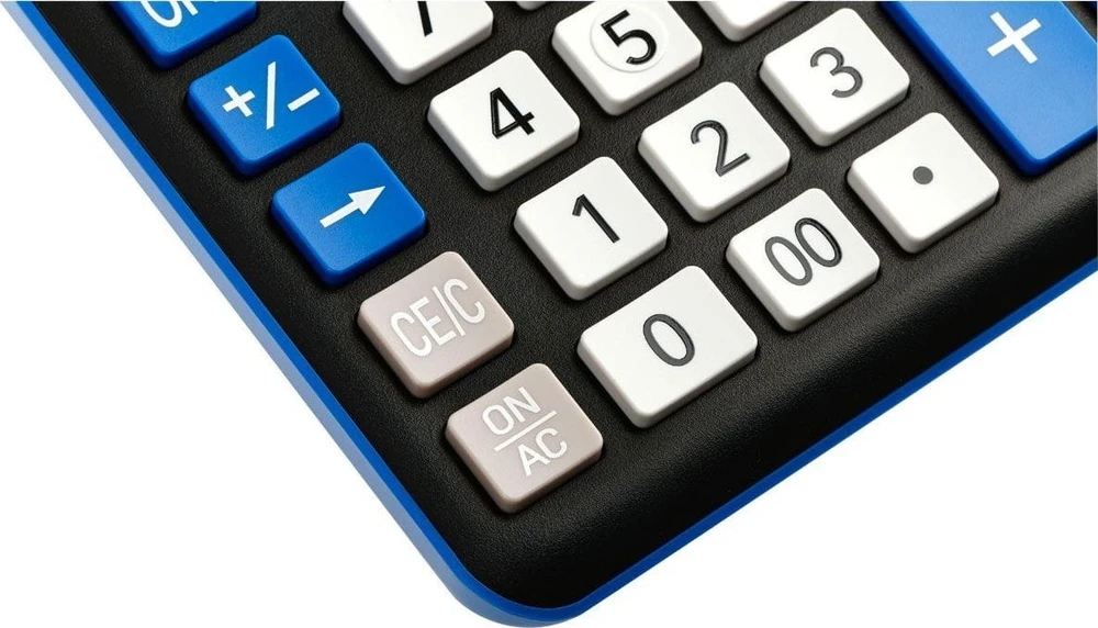 Eleven ELEVEN Calculator Juodas biuro skaičiuotuvas CDC120BKNV balti ir mėlyni klavišai ir mėlynas rėmelis aplink ekraną