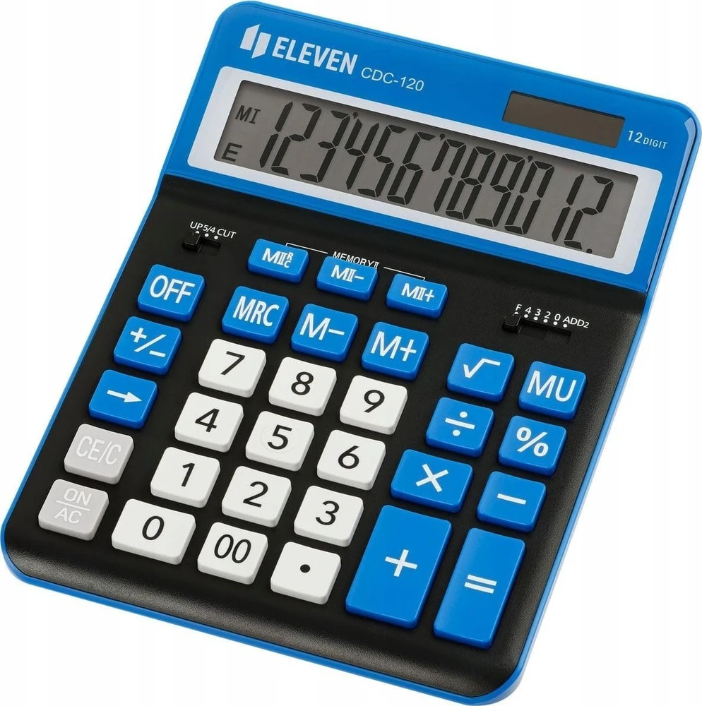 Eleven ELEVEN Calculator Juodas biuro skaičiuotuvas CDC120BKNV balti ir mėlyni klavišai ir mėlynas rėmelis aplink ekraną