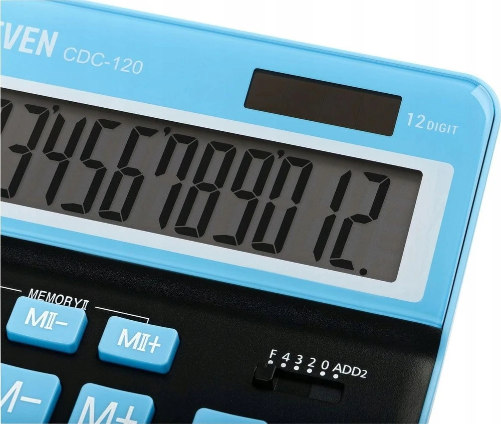 Eleven ELEVEN Calculator Juodas biuro skaičiuotuvas CDC120BKCY balti ir šviesiai mėlyni klavišai ir šviesiai mėlynas rėmelis aplink ekraną