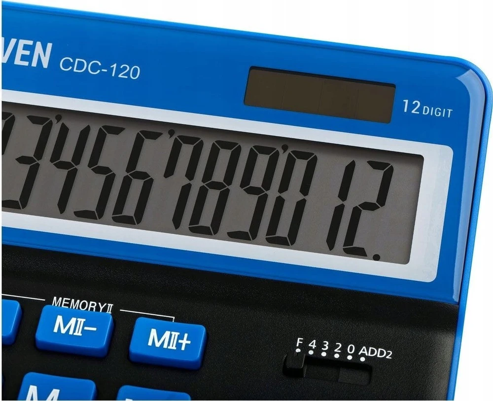 Eleven ELEVEN Calculator Juodas biuro skaičiuotuvas CDC120BKNV balti ir mėlyni klavišai ir mėlynas rėmelis aplink ekraną
