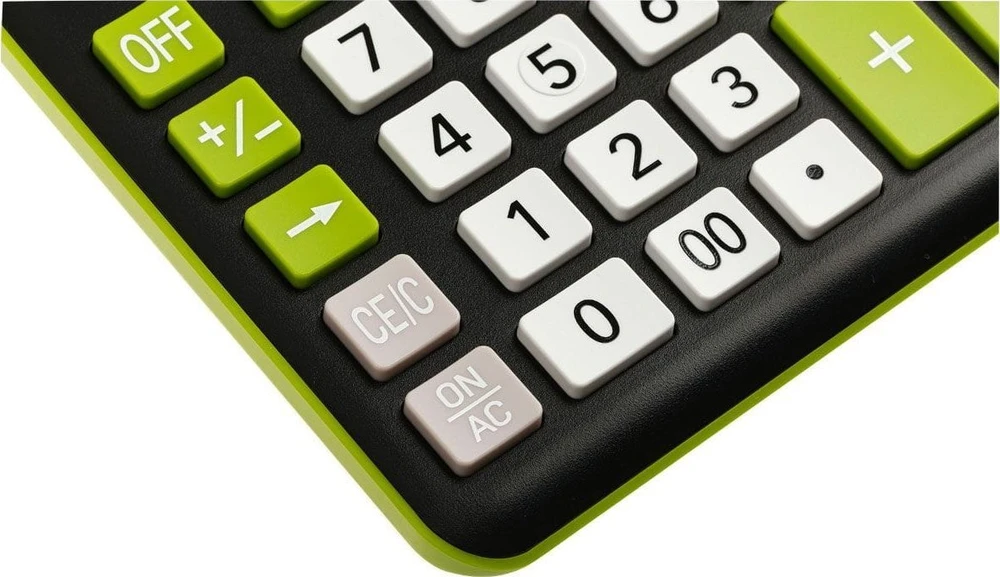 Eleven ELEVEN Calculator Juodas biuro skaičiuotuvas CDC120BKGN balti ir žali klavišai ir žalias rėmelis aplink ekraną