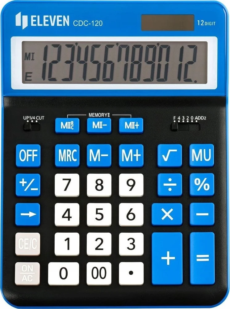 Eleven ELEVEN Calculator Juodas biuro skaičiuotuvas CDC120BKNV balti ir mėlyni klavišai ir mėlynas rėmelis aplink ekraną