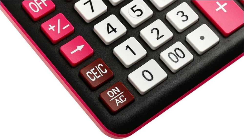 Eleven ELEVEN Calculator Juodas biuro skaičiuotuvas CDC120BKRD balti ir rožiniai klavišai ir rožinis rėmelis aplink ekraną