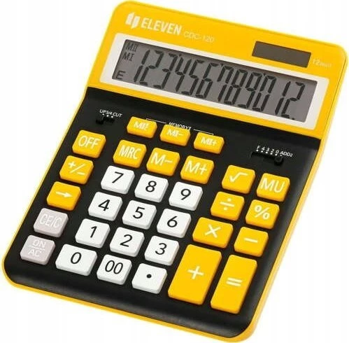 Eleven ELEVEN Calculator Juodas biuro skaičiuotuvas CDC120BKOR balti ir oranžiniai klavišai ir oranžinis rėmelis aplink ekraną