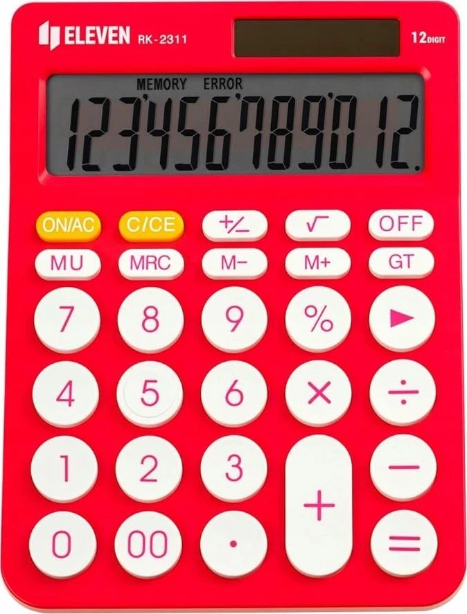 Eleven ELEVEN Calculator Rožinis biuro skaičiuotuvas, apvalūs balti mygtukai, RK2311PK