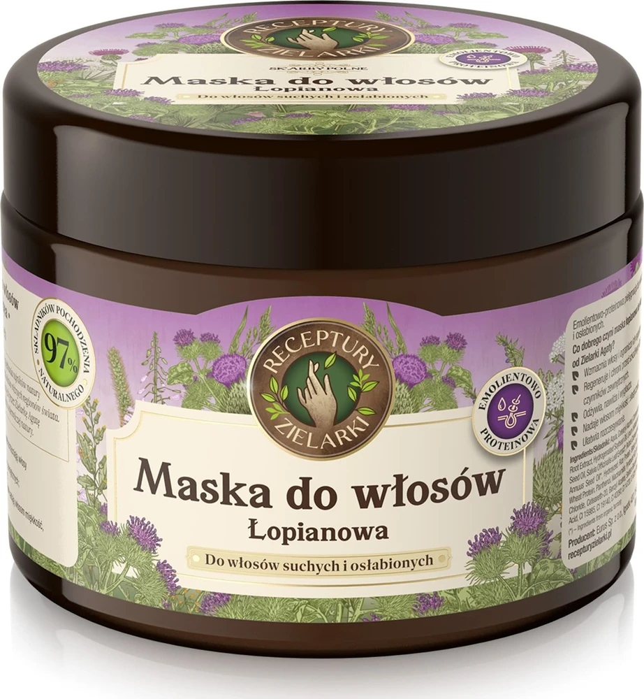 Receptury Zielarki ŽOLĖLIŲ RECEPTAI Skarby Pone varnalėšų kaukė sausiems ir nusilpusiems plaukams 300ml