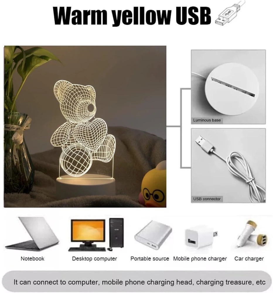 Elight ILU 3D Ilūzijas LED Nakts Lampa ar sirdi Teddy Bear Siltā Gaisma (10x17cm) USB Barošana