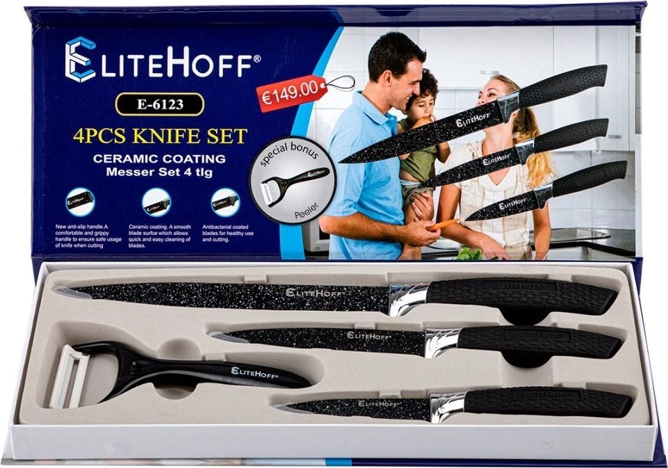 „Elitehoff Rinkinys“ 3 marmuriniai virtuviniai peiliai su skustuku, E-