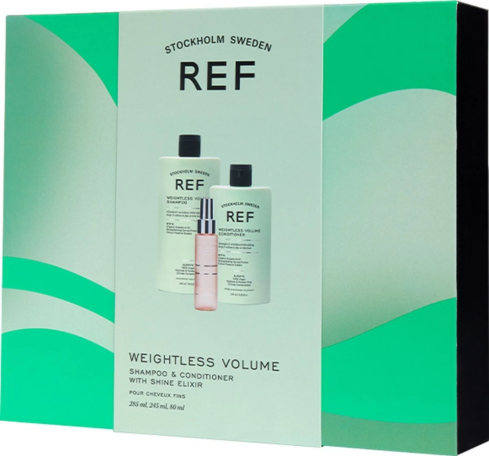 Ref Stockholm Dovanų dėžutės rinkinys REF: „Weightless Volume“ sulfatų neturintis plaukų šampūnas, suteikiantis tekstūrą ir apimtis, 285 ml + „Weightless Volume“ sulfatų neturintis plaukų kondicionierius, suteikiantis apimties ir glotnumo, 245 ml + „Eliksyras“ plaukų serumas, suteikiantis švelnumo, 80 ml