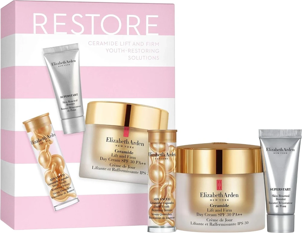 Rinkinys Elizabeth Arden: „Superstart“, atkuriamasis, serumas, 5 ml + keramidas, drėkinamasis, kremas, veidui, SPF 30, 50 ml + pažangus keramidas, atkuriamasis, serumo kapsulės, veidui, 7 vnt.