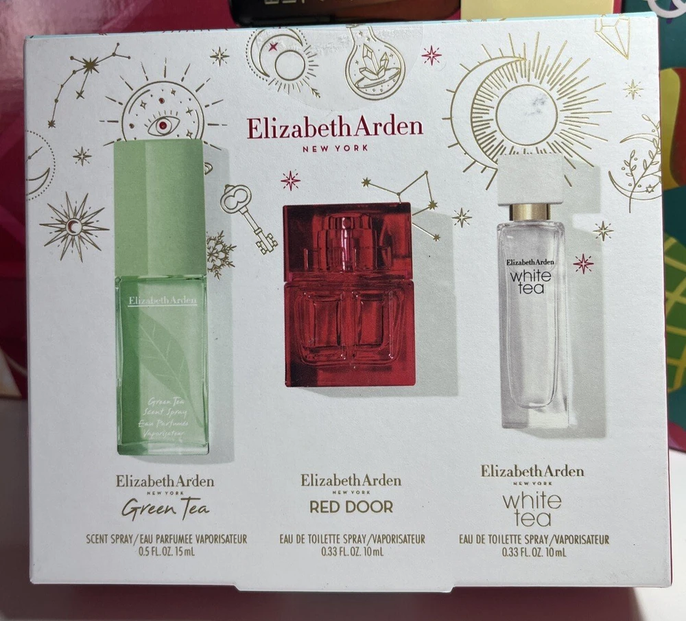 Elizabeth Arden rinkinys: Raudona Door tualetinis vanduo moterims, 10 ml + Baltas Tea tualetinis vanduo moterims, 10 ml + Žalias Tea kvapnusis purškiklis moterims, 15 ml