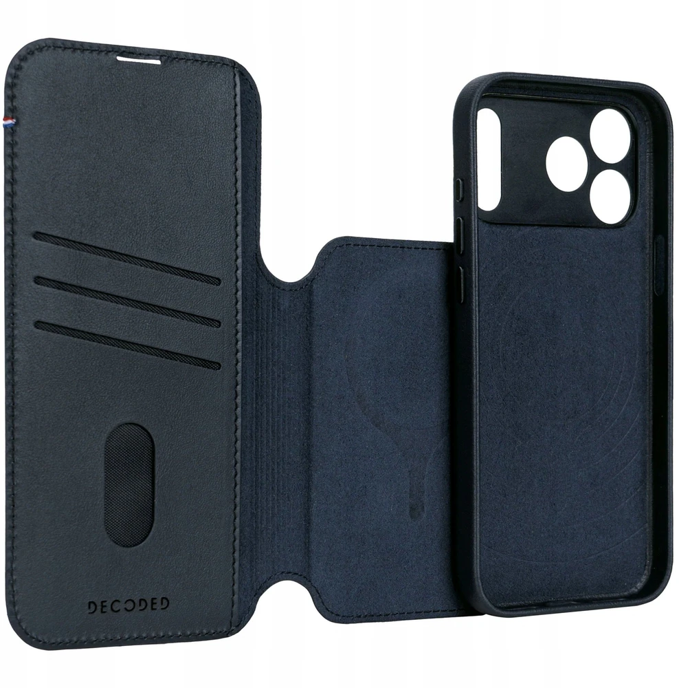 „Decoded Leather Detachable Wallet“ – odinis apsauginis dėklas, skirtas „iPhone 17 Pro“, suderinamas su „MagSafe“ (tamsiai mėlynos spalvos)