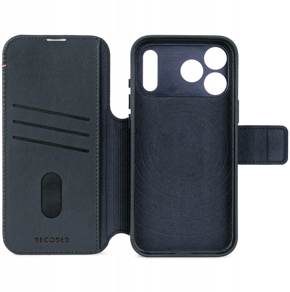 „Decoded Leather Detachable Wallet“ – odinis apsauginis dėklas, skirtas „iPhone 17 Pro“, suderinamas su „MagSafe“ (tamsiai mėlynos spalvos)