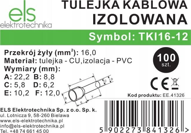 ELS Elektrotechnika ELS ELEKTROTECHNIKA TULEJKA IZOLOWANA KABLOWA TULEJKI IZOLOWANE 16 TKI16-12