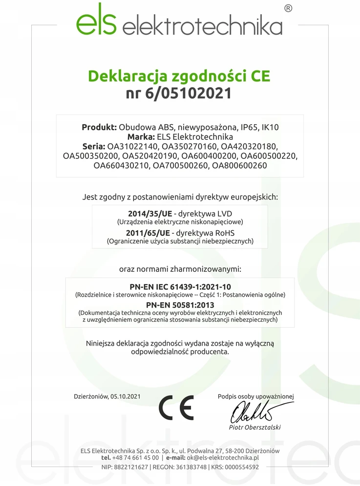 ELS Elektrotechnika Skrzynka, szafa, obudowa ABS, plastikowa rozdzielnica ELS Elektrotechnika OA800600260