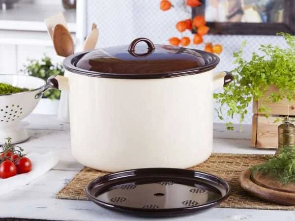 Emaliuotas virimo puodas 13,6 l skersmuo 30cm | aukštis 20cm | kreminės/rudos spalvos, su dangčiu