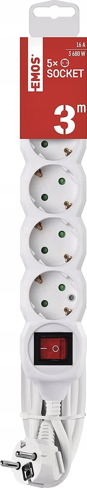 Emos Ilgiklis 5 lizdų 3.0m su įžeminimu, su jungikliu (baltas) 1.5mm²