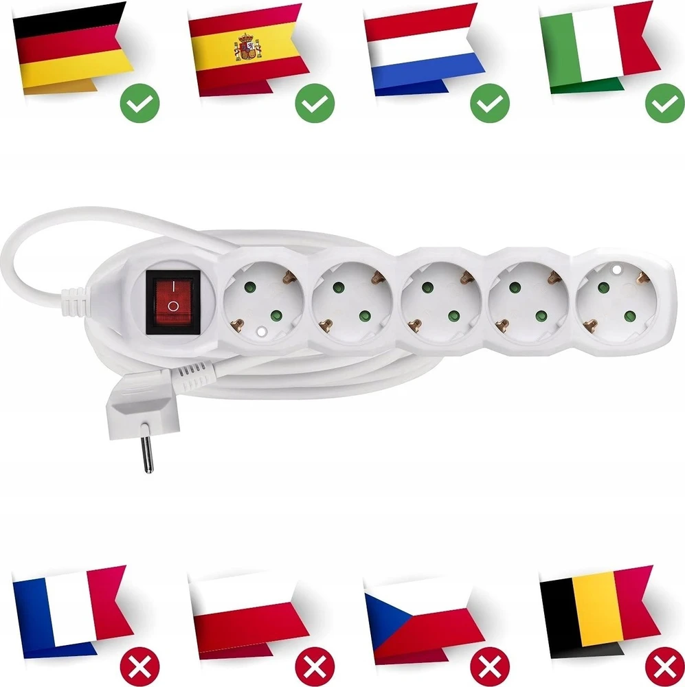 Emos Ilgiklis 5 lizdų 3.0m su įžeminimu, su jungikliu (baltas) 1.5mm²