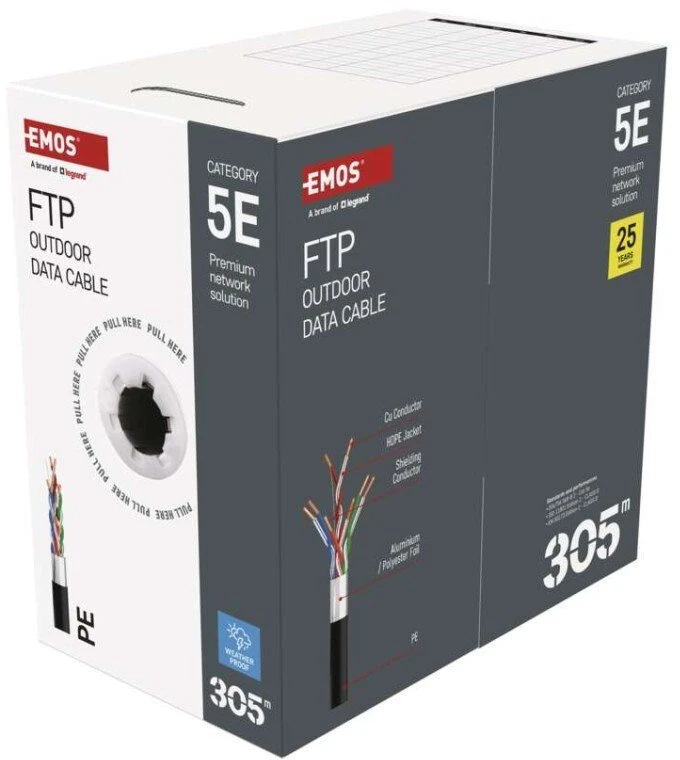 Emos Kabelis F/UTP CAT5e 24AWG (juodas, lauko salygoms), viengyslis, varinis, Eca
