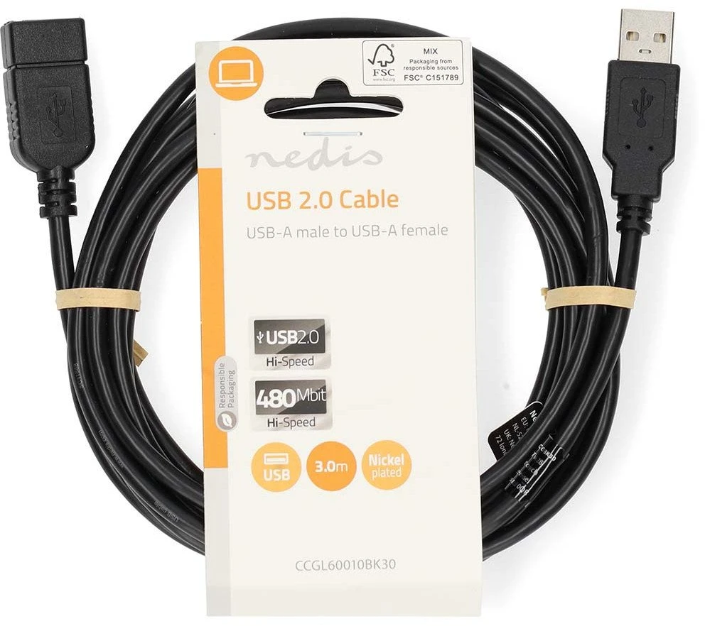 Kabelis Emos USB 2.0 A M – USB 2.0 A F 3m juoda