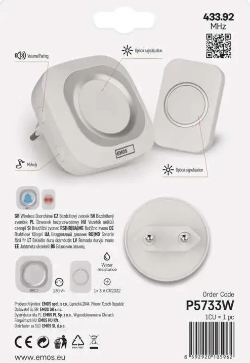 36 melodijų belaidis skambutis su mygtuku Emos IP44/230V/180m
