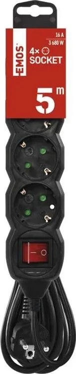 Emos Ilgiklis 4 lizdų 5.0m su įžeminimu, su jungikliu (juodas) 1.5mm²