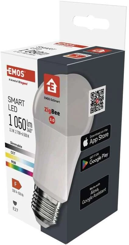 „Emos GoSmart“ LED lemputė A60 / E27 / 11 W / 1050 lm / RGB / Reguliuojama šviesa / „Zigbee“ / ZQZ515R