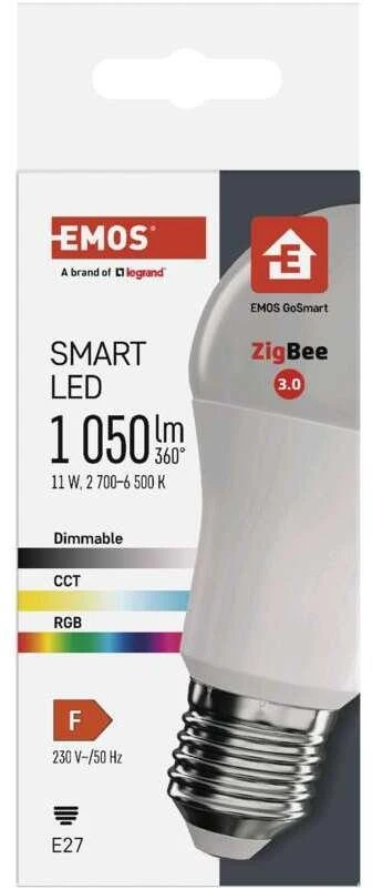 „Emos GoSmart“ LED lemputė A60 / E27 / 11 W / 1050 lm / RGB / Reguliuojama šviesa / „Zigbee“ / ZQZ515R