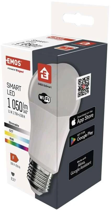 „Emos GoSmart“ LED lemputė A60 / E27 / 11 W / 1050 lm / RGB / Reguliuojama šviesa / „Wi-Fi“ / ZQW515R