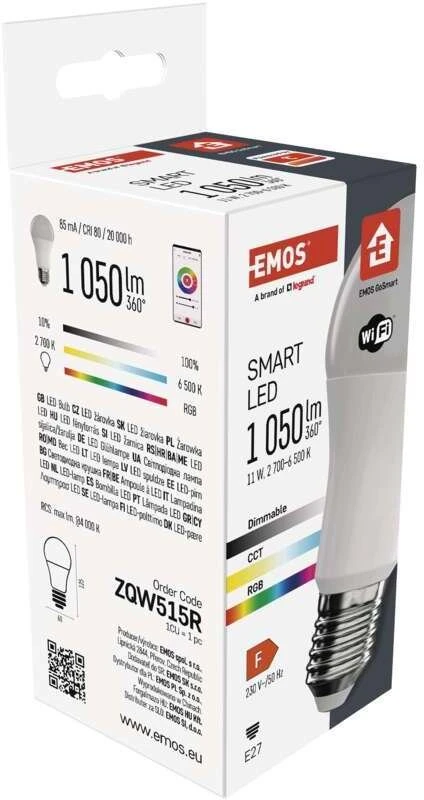 „Emos GoSmart“ LED lemputė A60 / E27 / 11 W / 1050 lm / RGB / Reguliuojama šviesa / „Wi-Fi“ / ZQW515R