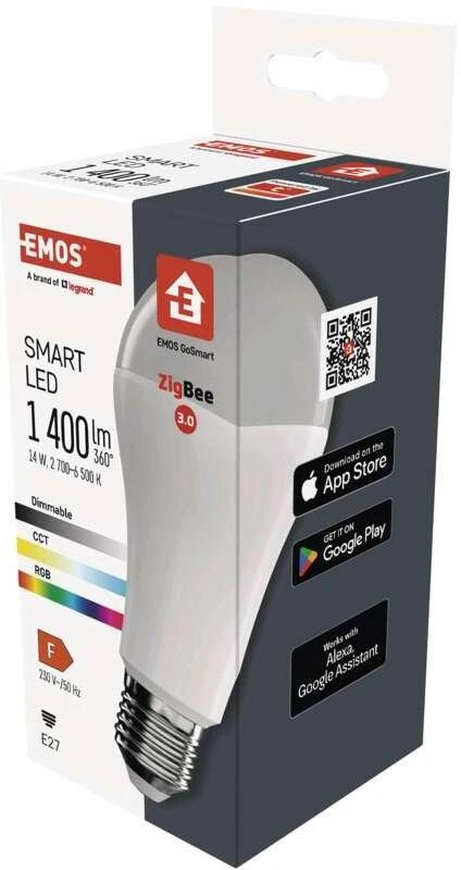„Emos GoSmart“ LED lemputė A65 / E27 / 14 W (94 W) / 1400 lm / RGB / reguliuojamas šviesos srautas / „Zigbee“ / ZQZ516R