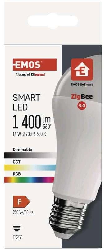 „Emos GoSmart“ LED lemputė A65 / E27 / 14 W (94 W) / 1400 lm / RGB / reguliuojamas šviesos srautas / „Zigbee“ / ZQZ516R